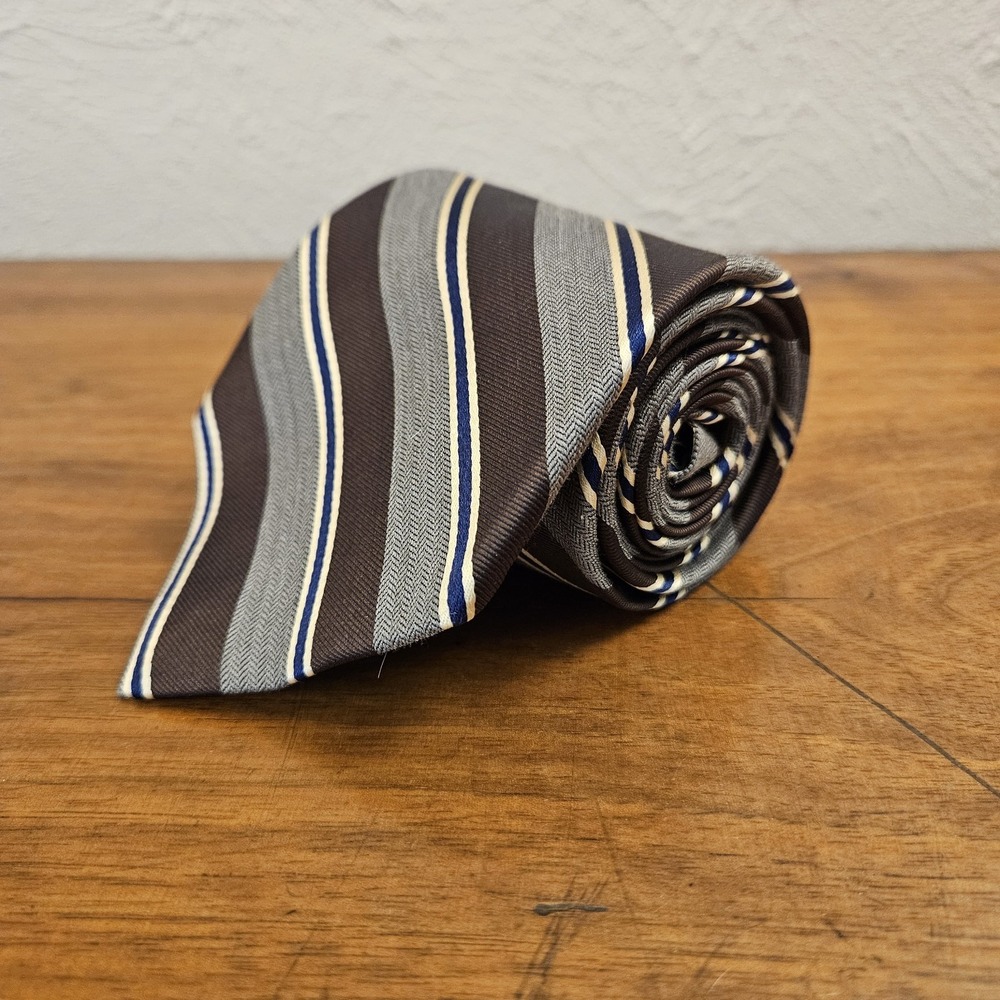 NWT Tommy‎ Hilfiger Striped 100% Silk Tie Gray Brown Blue White Beige